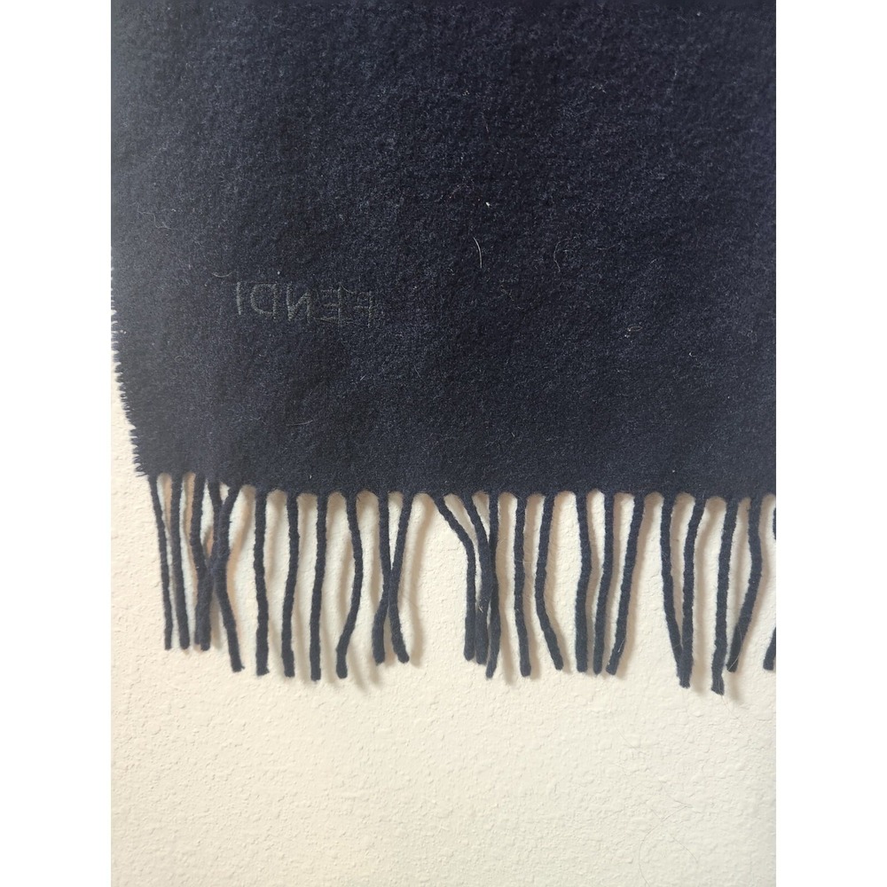 Fendi Navy Blue 100% Wool Neck Scarf‎ 12"X52" Unisex Fringe Italian Embroidered - Picture 5 of 5
